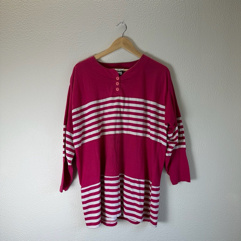 Golden Touch Henley Top Women 20W/40 Pink Good Striped Long Sleeve Vintage 90s